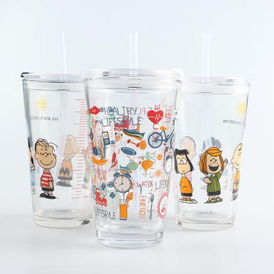 China 13.5oz Beverage Cartoon Logo Glass Drinking Mugs With Scale And Silicone Straw Lid for sale