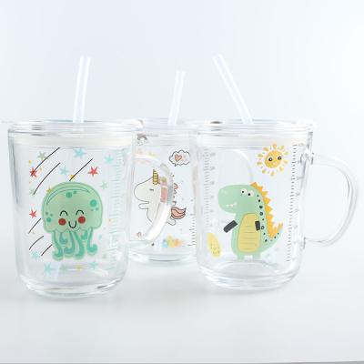 China Viable Heat Resistant Cute Cartoon Juice Milk Water Bottle Glass Straw Type Drinkware Glass Cups Large Capacity 400ml 14oz for sale