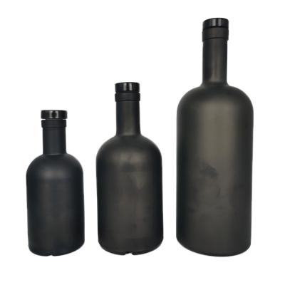 China Eco-friendly matte black painted glass vodka wine bottle for drinks with cork and customized labels 200ml 375ml 500ml 750ml for sale