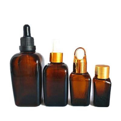 China 10ml 30ml 50ml 100ml Cosmetic Amber Square Essential Oil Bottle Serum Dropper Glass Bottle for sale