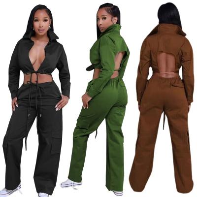 China Autumn Cutout Anti-pilling Tending 2 Piece Set Women Cargo Pants Streetwear Long Sleeve Two Piece Set for sale