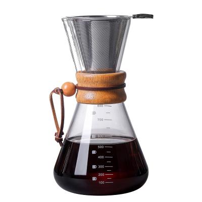 China Viable Pour Over Coffee Maker With Double-Layer Stainless Steel Filter Coffee Spout Brewer Glass Coffee Pot for sale