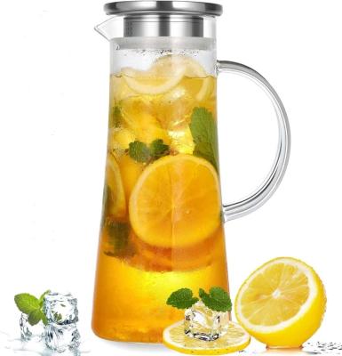 China Sustainable 50oz Glass Pitcher With Lid And Handle Stainless Glass Water Carafe Drink Bottles Iced Tea Pitcher for sale