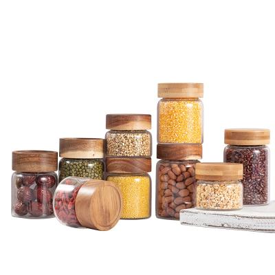 China CLASSIC 4oz Glass Food Storage Jars With Airtight Acacia Wood Lids Screw Seal Glass Spice Jars With Lids for sale