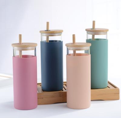 China Viable Glass Tumblers With Bamboo Lid And Straw Travel Straw Cups Glass Water Bottle With Silicone Protective Sleeve for sale