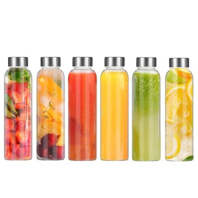 China Sustainable Eco Friendly Clear Borosilicate Glass Water Drink Bottle With Leak Proof Stainless Steel Lid For Juice Refrigerator for sale