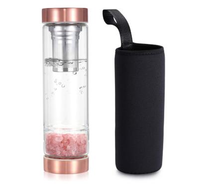 China 450ml Natural Gemstone Water Bottle Crystal Water Bottle Rose Quartz Viable Healing Glass Water Bottle with Infuser and Socket for sale