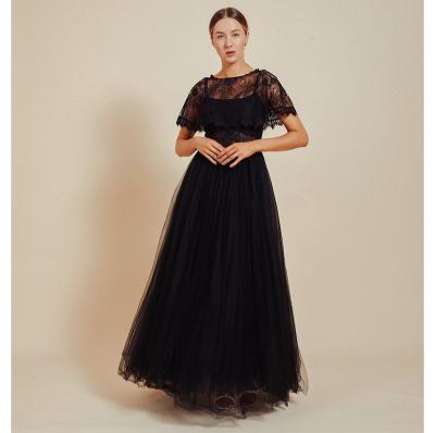 China Anti-Static Vestido De Festa Noche Black Formal Elegant Short Sleeve A Line Lace Tulle Maxi Prom Long Gown Evening Dresses For Women for sale