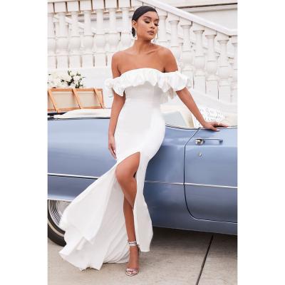 China Anti-Wrinkle Women Vestidos Blancos Largos Ivory Satin Off The Shoulder Ruffle Wrap Bardot Party Cocktail Elegant Even Bodycon Maxi Dresses for sale