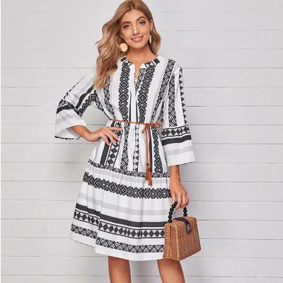 China 2021 New Anti-Wrinkle Women Long Dress Quarter Sleeve Long Dress Notched Neck One Piece Shirt Vintage Dangle Midi Boho Dresses With Sashes for sale