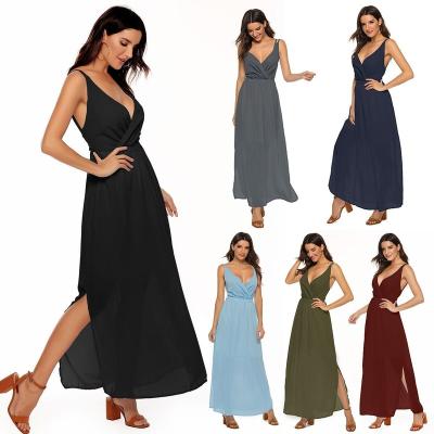 China Cheap Anti-Wrinkle Hot Sale Women's Clothing Shein OEM Ruched Sleeveless Lace Up V-neck Backless Long Maxi Dress With Slit for sale