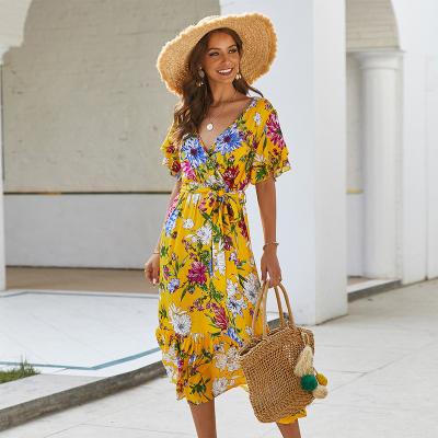 China Floral Dresses 2021 Vestido Longo Tunic Anti-Wrinkle Midi Dress Women V-Neck Sleeve Ruffle Floral Short Overlay Print Midi Dress for sale