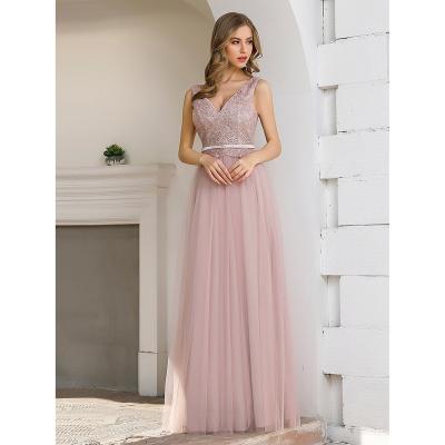 China Vestidos Para Damas De Honor Women Sweet Double Wholesale Anti-Wrinkle Sleeveless V-Neckline Beading Pink Tulle Bridesmaid Dresses For Wedding for sale