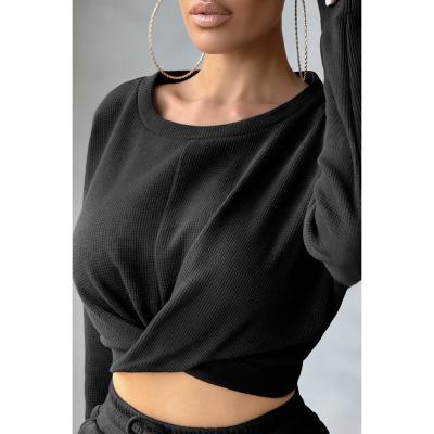 China Custom Anti-Wrinkle Women Wear Summer Teams Black Twist Front Sweat Cropped Top Crew Neck Tank Top 2 Shirt Two Piece Sets for sale