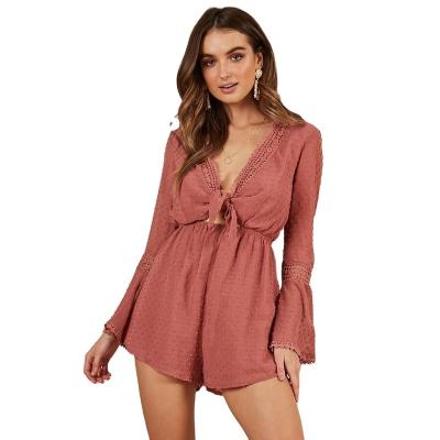 China 2021 Breathable Spring Romper Women Cutout Knot Front Shirred Waist Jacquard Long Sleeve Elegant Sexy V-neck Short Romper Overalls for sale