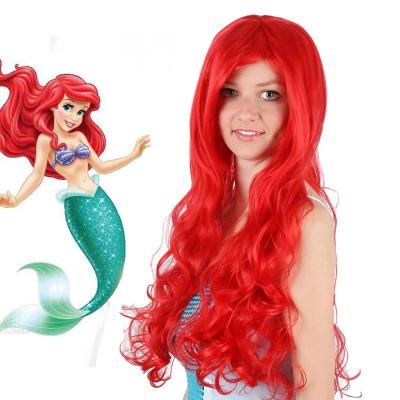 China Water Wave Cosplay Wig Little Mermaid Princess Cos Ariel Wig Red Long Curly Halloween Masquerade Style For Kinds Synthetic Lace for sale