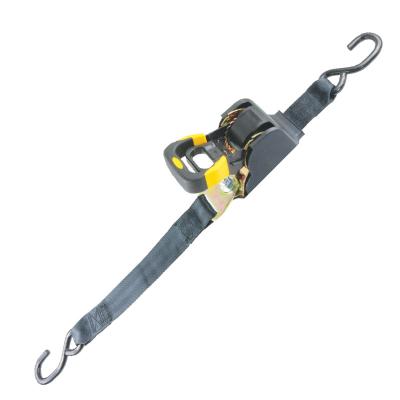 China Patented Retractable Function 1-7/8 Inch 10ft Short Handle X Retractable Belt Ratchet Lashing Link Down With J-Hooks for sale