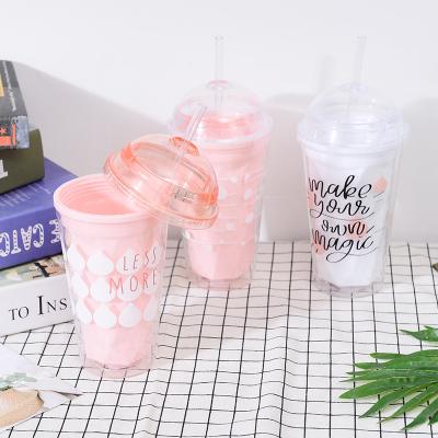 China Hot Sale Eco-friendly Korean Style Outdoor Cute Cup Plastic Water Bottle Customized Double Wall Straws Plastic Cup With Lids for sale