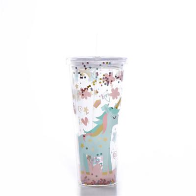 China Food Grade Safe Cup Unicorn Wholesale Double Wall Customize BPA Plastic Bottle Tumbler Cup Glitter for sale