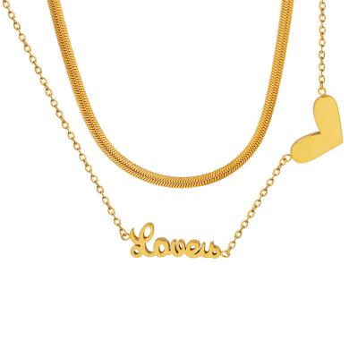 China European and American style double-layer love peach heart necklace trend fashion clavicle chain stainless steel English jewelry for sale