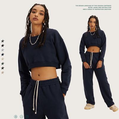 China Wholesale Anti-Wrinkle For Women's Crewneck Hoodies Oversized Heavy Crop Hooded Top Cotton Two Piece Set And Jogger Set for sale