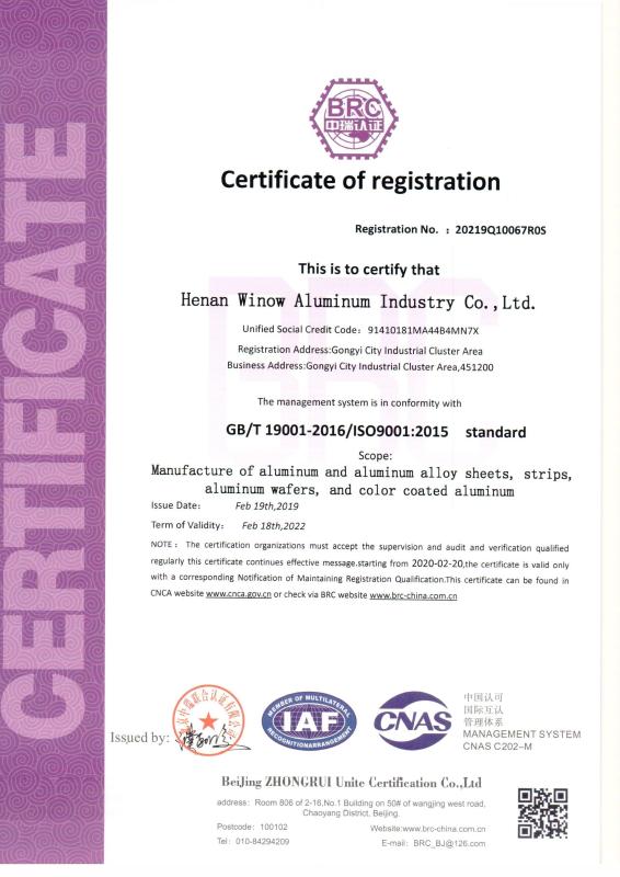 Certificate of registration - Henan Winow Aluminium Co., Ltd.