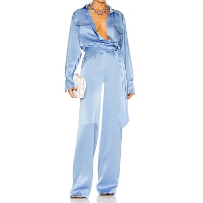 China OEM Long Waist QUICK DRY Front Sexy Satin Jumpsuit Women Open Waistband for sale