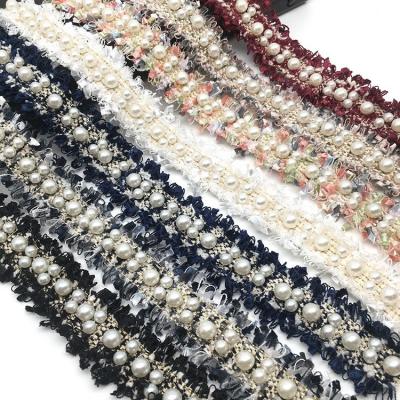 China Crystal Pearl Beaded Workable Decorative Sew On Ribbon Lace Trim Colorful Sash Ribbon Trim For Clothes Dress for sale