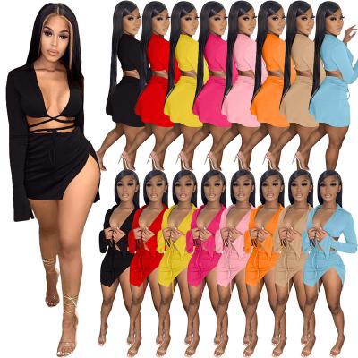 China 2022 Summer New Arrival Anti-pilling Skirt Solid Color Casual Dress Custom Ladies Two Piece Sets Set Women Clothing UPPER Long Sleeve Skirt Set for sale