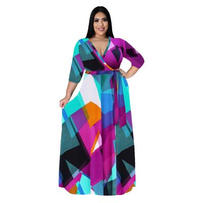 China Spring and autumn viable plus size women's dress fashion v-neck hot sale women's clothing sexy geometric print floor length dress for sale