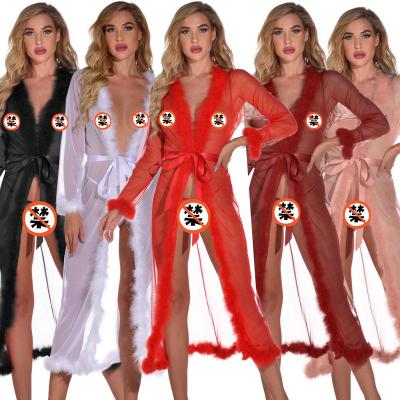 China New Arrivals Hot Sexy Lingerie Fur Long Sheer Temptation Dress Plus Size 6XL Women Mature Nightgowns Mesh Plush Sexy Long Dress for sale