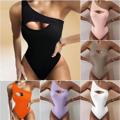 China 2022 Summer New Solid Color One-Piece Slim Triangle Swimsuit Women's Breathable Cutout One Shoulder Ribbed Jumpsuit for sale