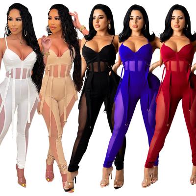 China 2022 New Women's Mesh Suspenders Overalls Wrapped Sexy One-piece Jumpsuit Casual Tight Overalls Breathable Transparent Sexy Pants for sale