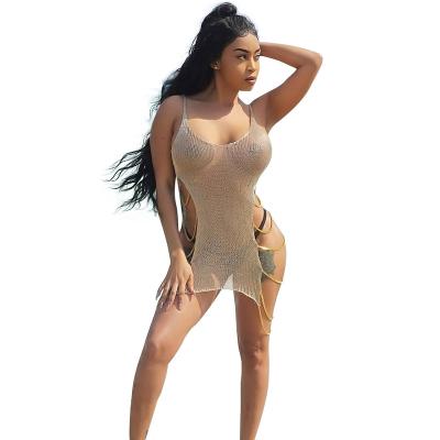 China Women Anti-static Hot Sexy Gold Summer Sweater Beach Chain Dress See Through Sexy Beach Blouse Beach Wear Clothes for sale