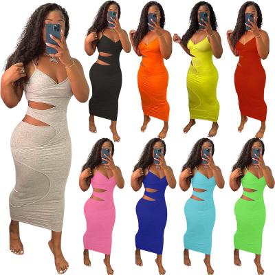 China Summer Casual Dress Bodycon Ladies Dress Solid Color Cutout Anti-Static Spaghetti Tie Up Summer Women Midi Splitlevel Dress for sale