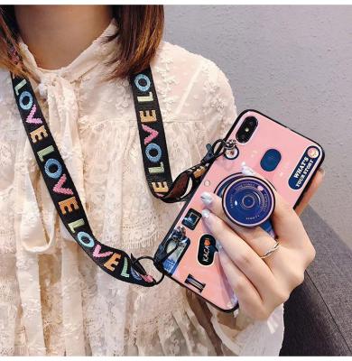 China With Stand Camera Cell Phone Case With Strap Wrist Band Hanging Back Cover For Iphone For Samsung for sale