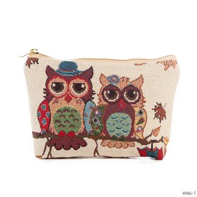 China High Quality Canvas Fabric High Quality Owl Embroidery Cosmetic Bag With Zipper Closure for sale