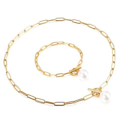 China Non Tarnish Jewelry Clasp Paper Clip Chain Necklace Toggle Bracelet Designer 18k Gold Plated Stainless Steel Jewelry Sets For Women for sale