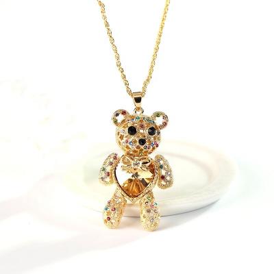 China Tarnish Free Jewelry Gold Plated Jewelry Wholesale Crystal Love Heart Bling Teddy Bear Long Chain Necklaces For Women for sale