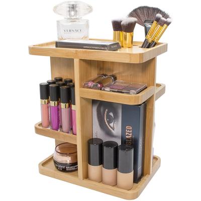 China Viable New Rotating Bamboo Wood Multifunctional Cosmetic Storage Frame Wooden Cosmetic Brush Box for sale