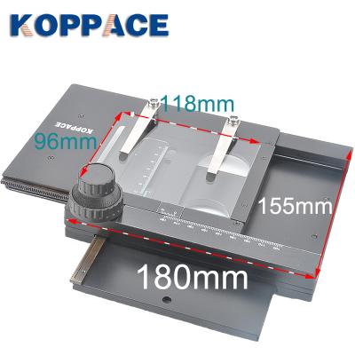 China Aluminum Alloy KOPPACE Microscope Stage 75mm Horizontal Moving X/Y Vertical 55mm Moving Stage For Stereo Microscope Installation Height 95mm for sale