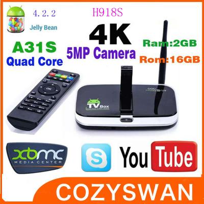 中国 アンドロイド 4.2 A31S のクォードの中心の Allwinner の小型 PC H918S BT のカメラ 4K XBMC スマートな TV 箱 販売のため