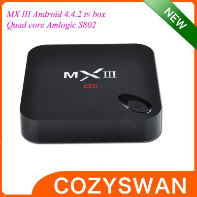 China Viererkabel-Kern-Google-Android 4,4 Fernsehkasten MXIII XBMC 4K DLNA Miracast Amlogic S802 zu verkaufen