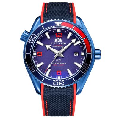 China New Paulareis 2020 Men's Rotating Bezel Red Blue Orange Classic Watch Day/Date Canvas Style Automatic Mechanical Rubber Strap for sale