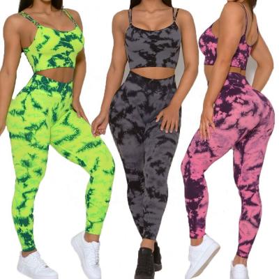 China Custom Women Yoga Set Tie Dye Gym Workout Design Fitness Yoga Clothing Ladies High Waisted Gaiters Breathable Sports Bra Seamless Wholesale for sale