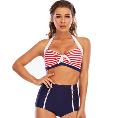 China Breathable Bikini Women's Two-Piece Bikini Swimsuit Set High Waist Striped Bottom Crop Swimwear Beachwear Swimwear and Upper Beachwear for sale