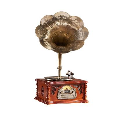 China Best Quality Phono Card/CD/BT/AUX/USB/FM/AM/TF Brass Phonograph Horn Wood Vinyl Phonograph High End Antique Wooden Loudspeaker Horn for sale