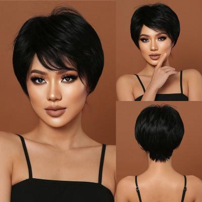 China Short Straight Body Wave Black Wigs With Pixie Cut Bangs For Daily Natural Hair Color Women Cosplay Heat Resistant Synthetic Wigs for sale