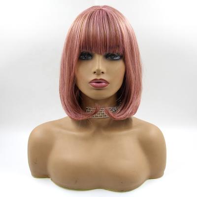 China Pink Bob Wigs With Body Wave Bangs For Short Straight Synthetic Resistant Fiber Women Wig Natural Hair Cosplay Lolita Party Bob Wigs Heat for sale