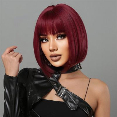 China Wine Red Body Wave Bob Wigs Short Straight Synthetic Wigs With Bangs For Women Color Cosplay Party Natural Hair Wig Heat Resistant Fiber for sale